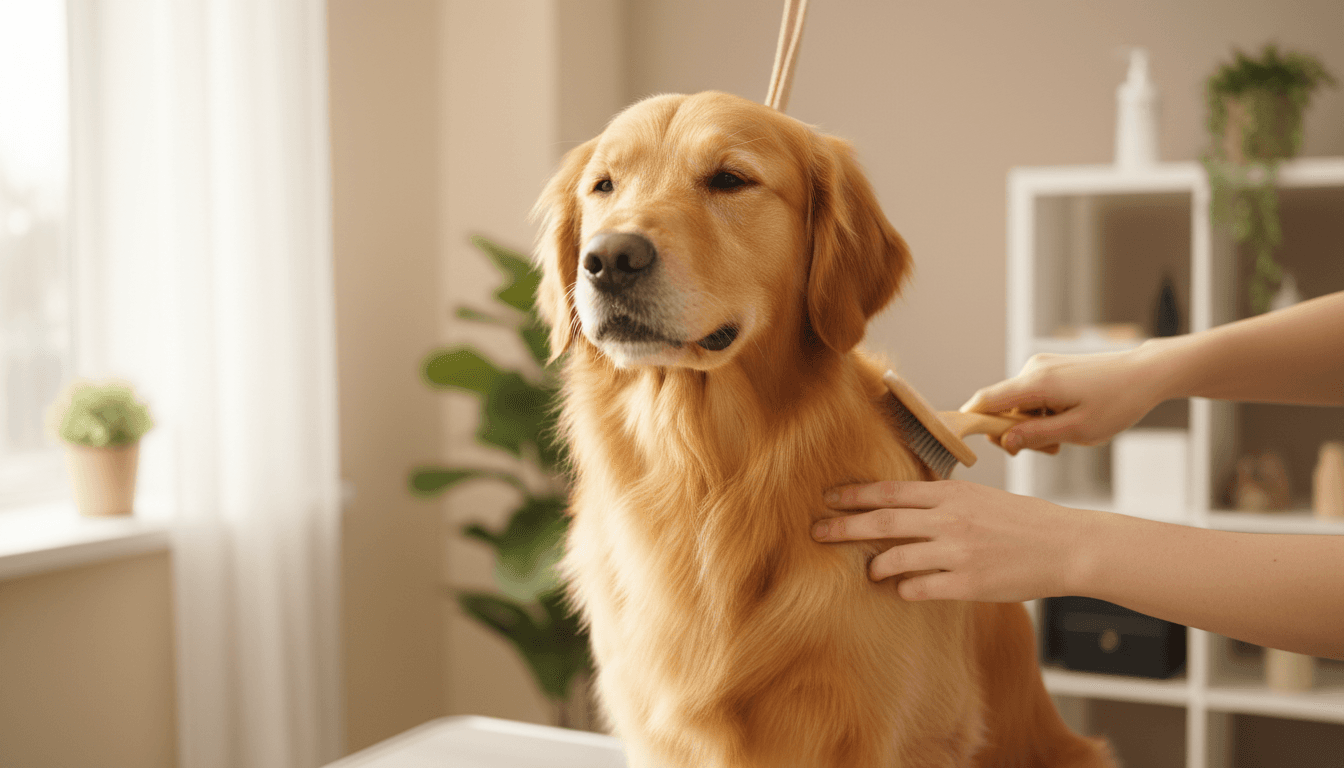 Groomer gently brushing a calm golden retriever in a bright studio