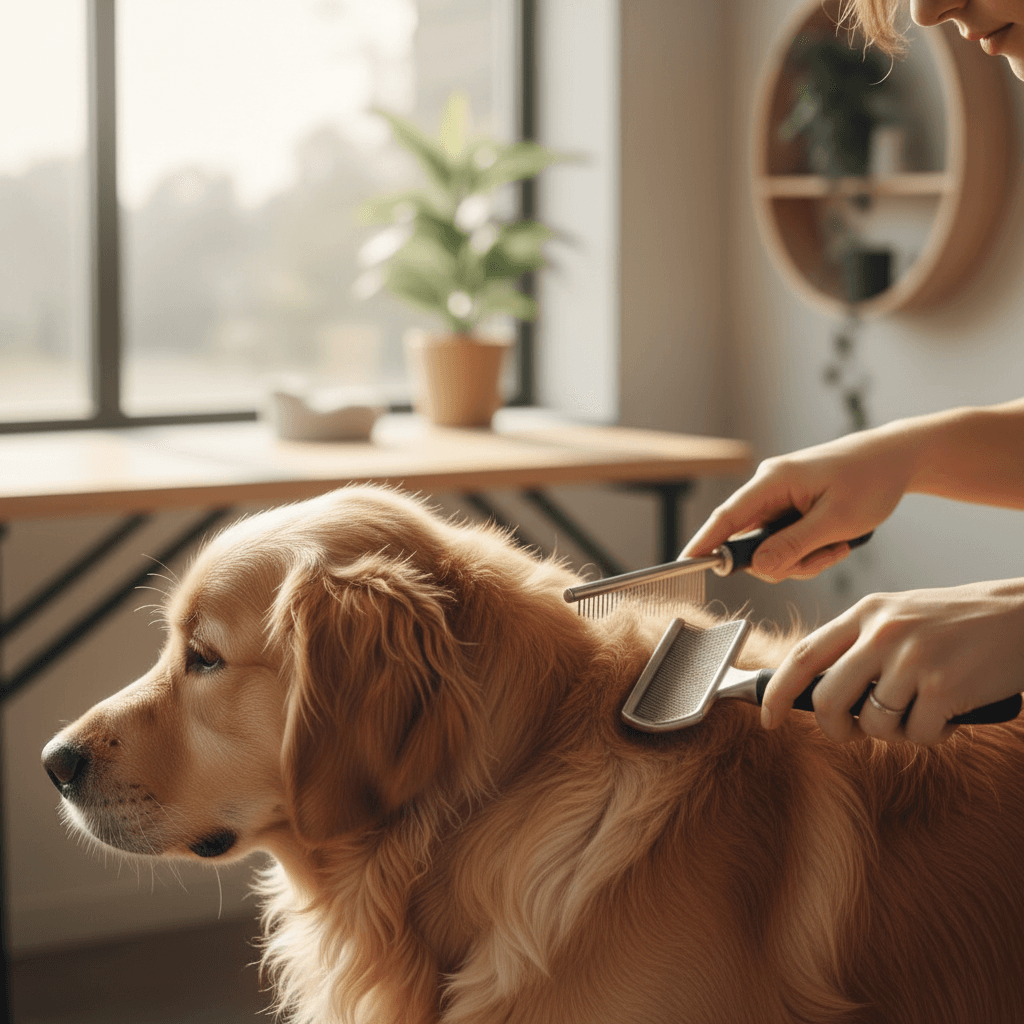 Groomer gently brushing a calm golden retriever in a bright Toronto grooming studio
