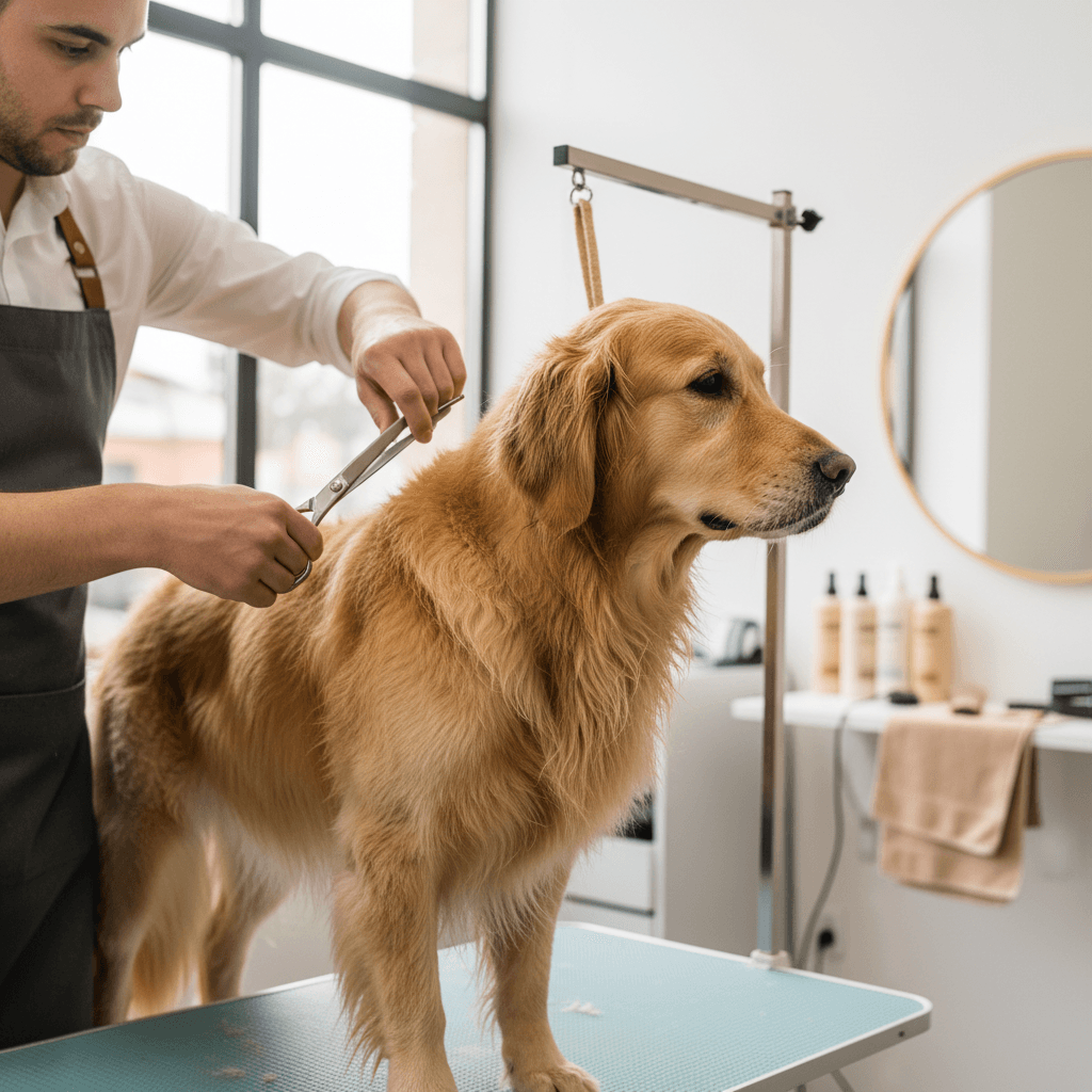 Small mixed-breed dog with a tidy face trim relaxing on the grooming table