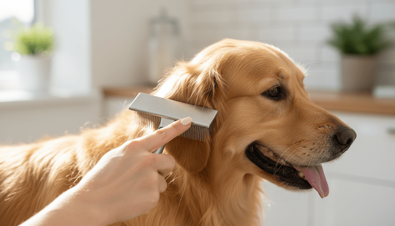 Groomer gently brushing a cocker spaniel's ear with a slicker brush