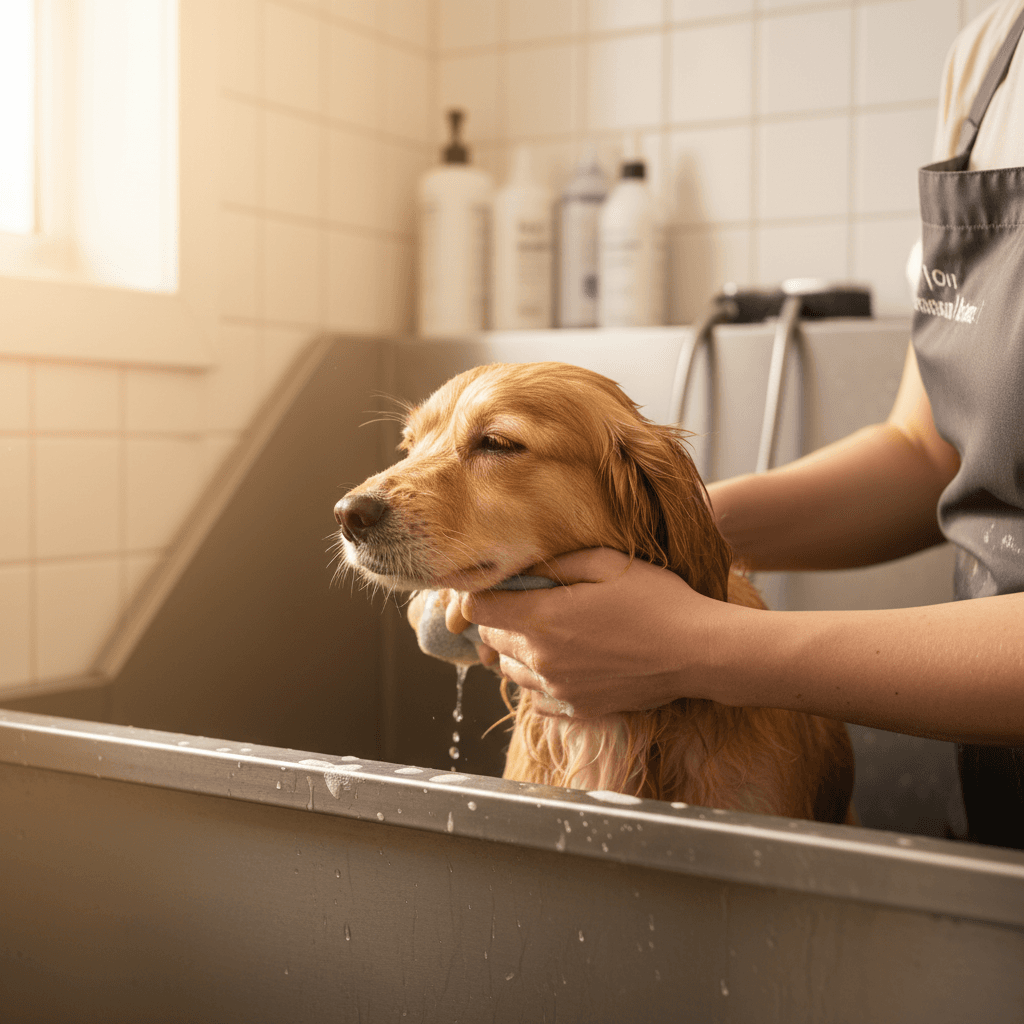 Groomer letting a small dog sniff her hand before grooming