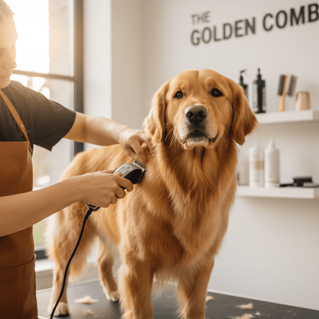 Groomer gently brushing a calm golden retriever in a bright studio
